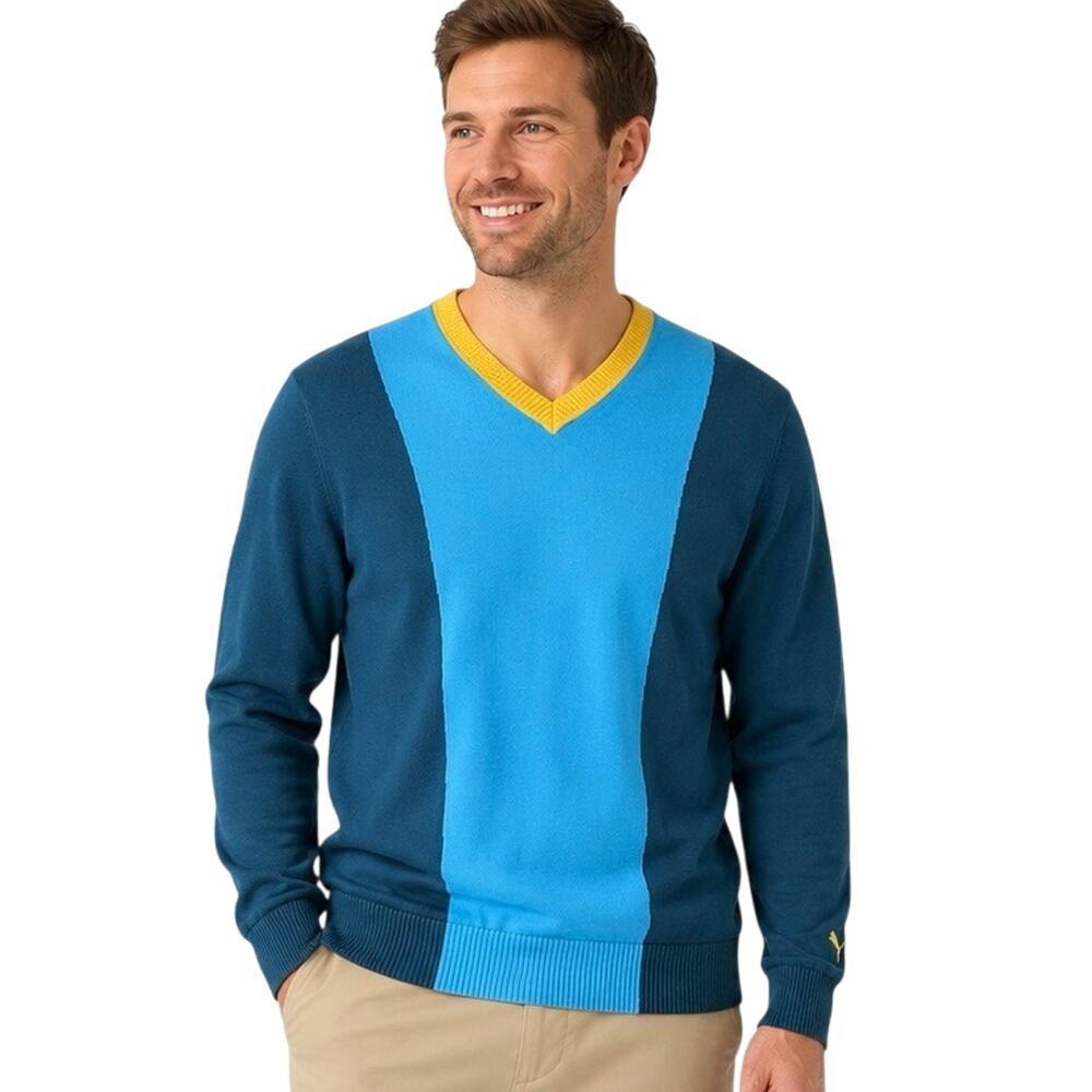 PUMA Men's XL Colorblock V-Neck Sweater Blue Teal Yellow